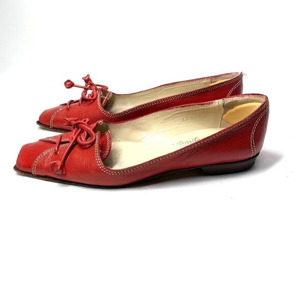 Castaner Square Toe Block Heel Flats With Ties - Red Leather, Size EU 37/US 6.5 - Picture 4 of 12